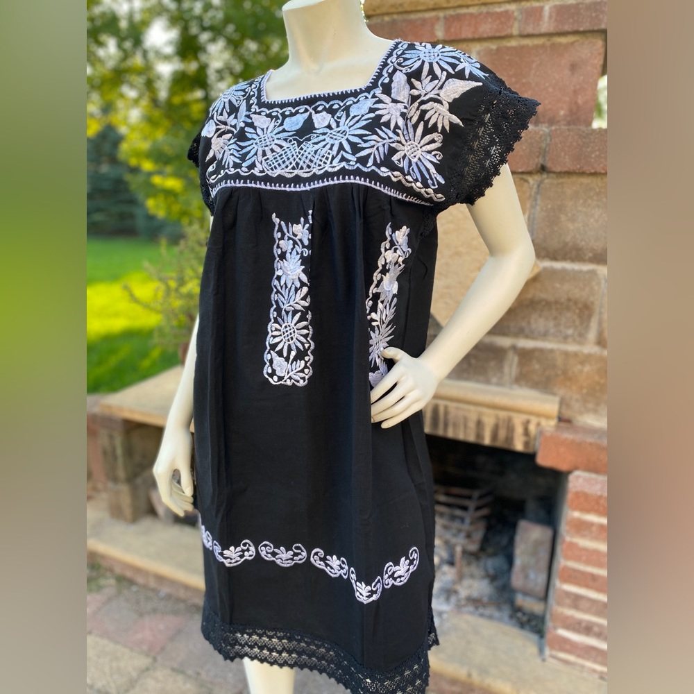 Black Embroidered Midi Dress with White Floral Detailing